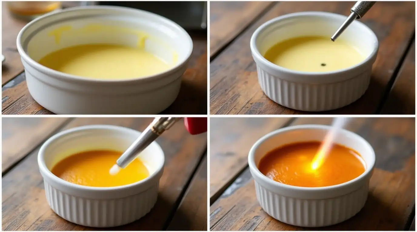 Step-by-step images of preparing Crème Brûlée Keto, including mixing custard, baking, chilling, and caramelizing the top