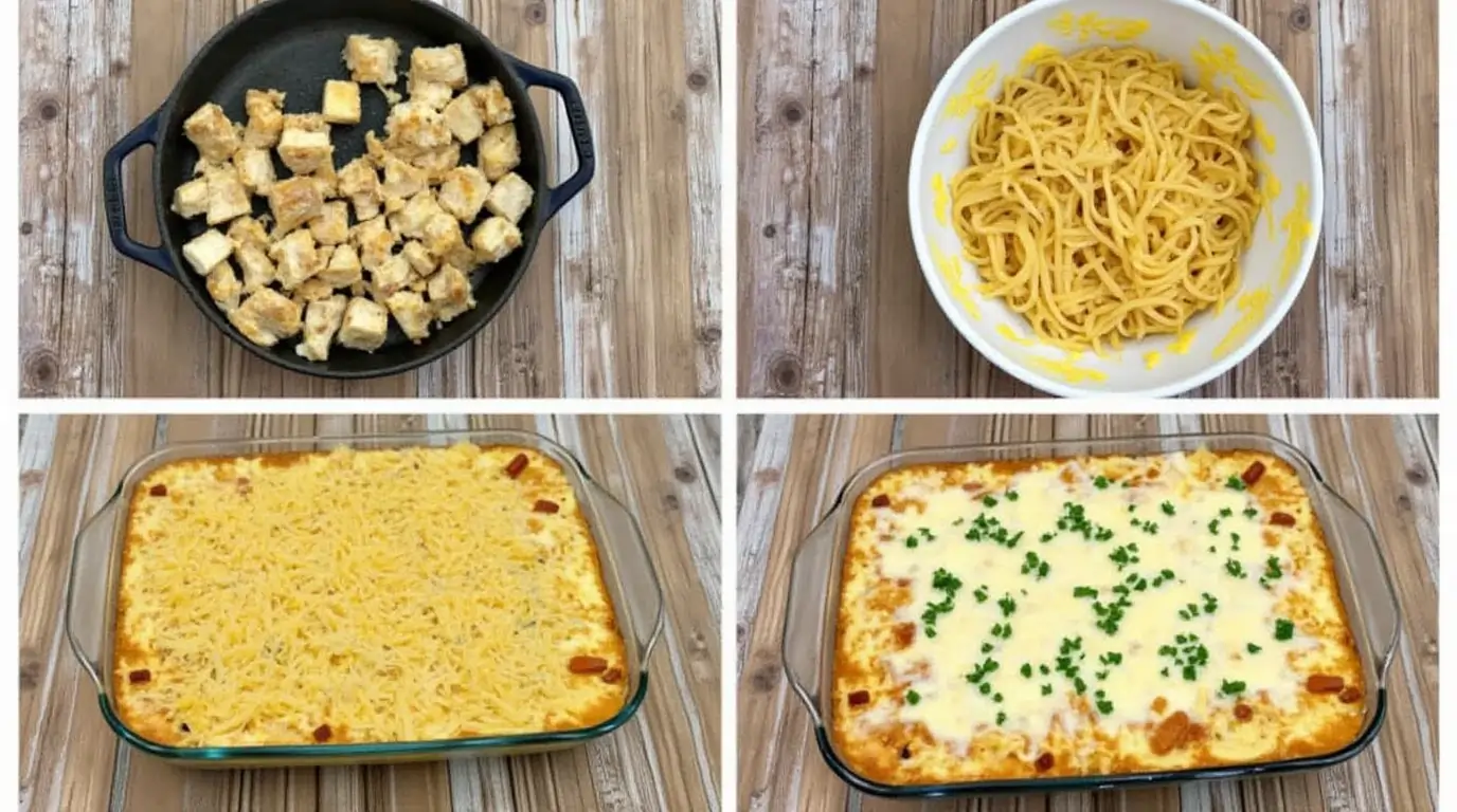 Step-by-step preparation of garlic parmesan chicken pasta bake, from cooking chicken to baking the cheesy pasta dish.