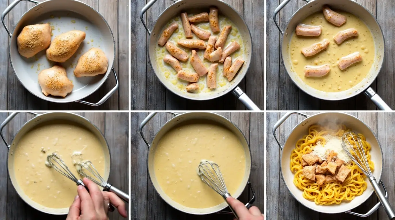 Step-by-step visuals of cooking Garlic Parmesan Chicken Pasta, from seasoning the chicken to assembling the creamy pasta dish.