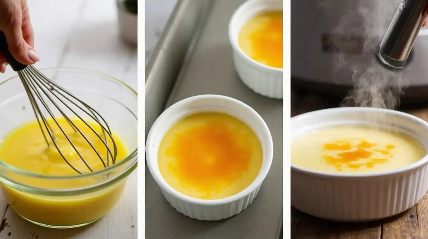 A sequence showing the steps for making keto crème brûlée: whisking egg yolks and sweetener, baking ramekins in a water bath, and caramelizing the topping with a torch.