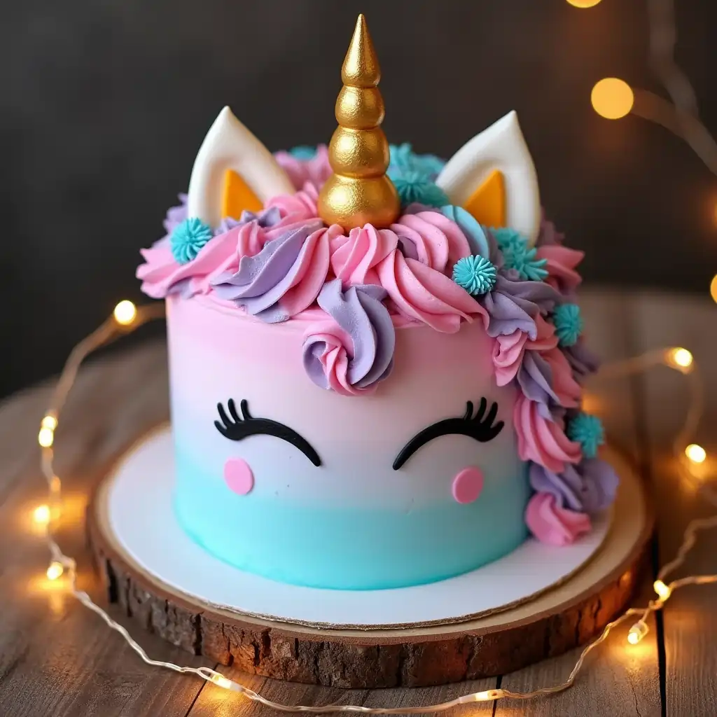 A pastel unicorn cake with a golden horn and colorful swirls, perfect for birthdays and celebrations