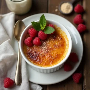 Top view of keto crème brûlée with a golden caramelized topping, garnished with raspberries and mint, served in a white ramekin on a wooden table