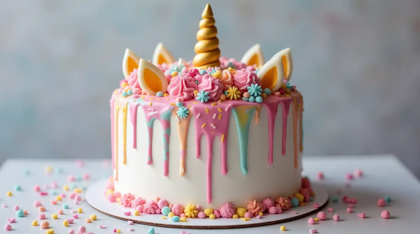 A unicorn cake with colorful dripping ganache and sprinkles.