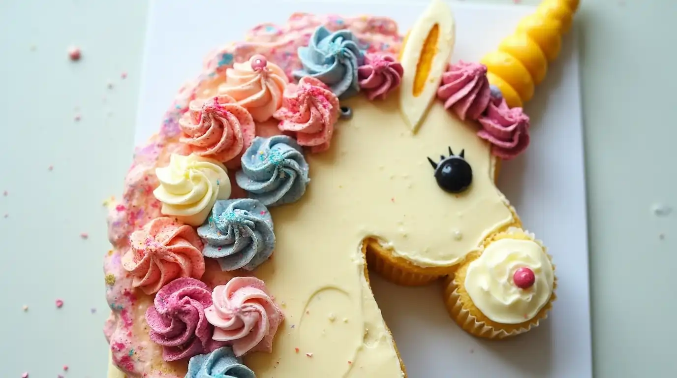 A pull-apart unicorn cake made of cupcakes with colorful frosting.