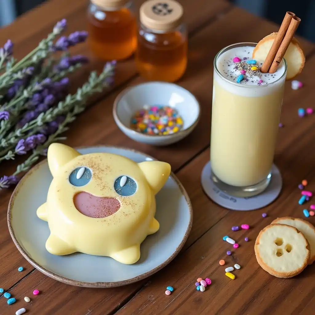 Pokemon Sleep Dessert Recipe inspired lavender milk pudding shaped like Jigglypuff and a Snorlax banana smoothie, surrounded by sprigs of lavender and honey jars.