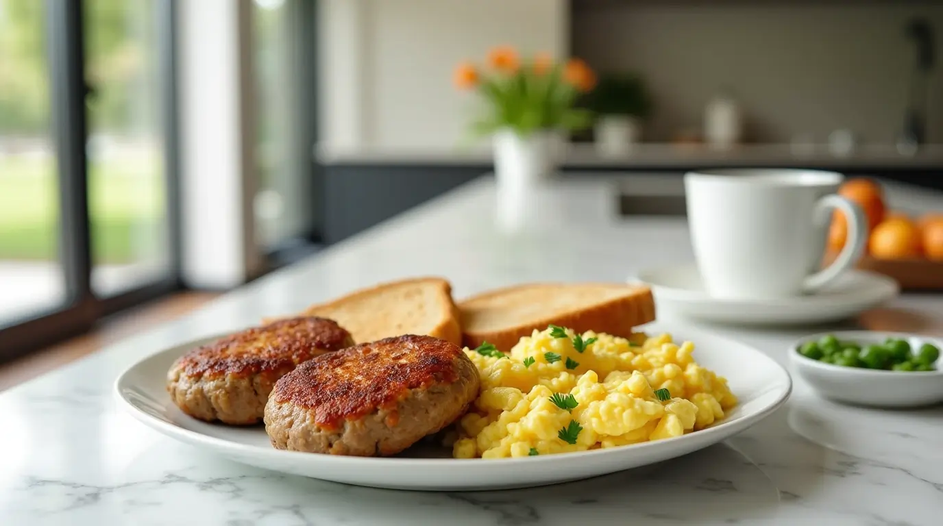 A plate of homemade beef breakfast sausage patties with eggs and toast, set in a bright modern kitchen with morning sunlight.