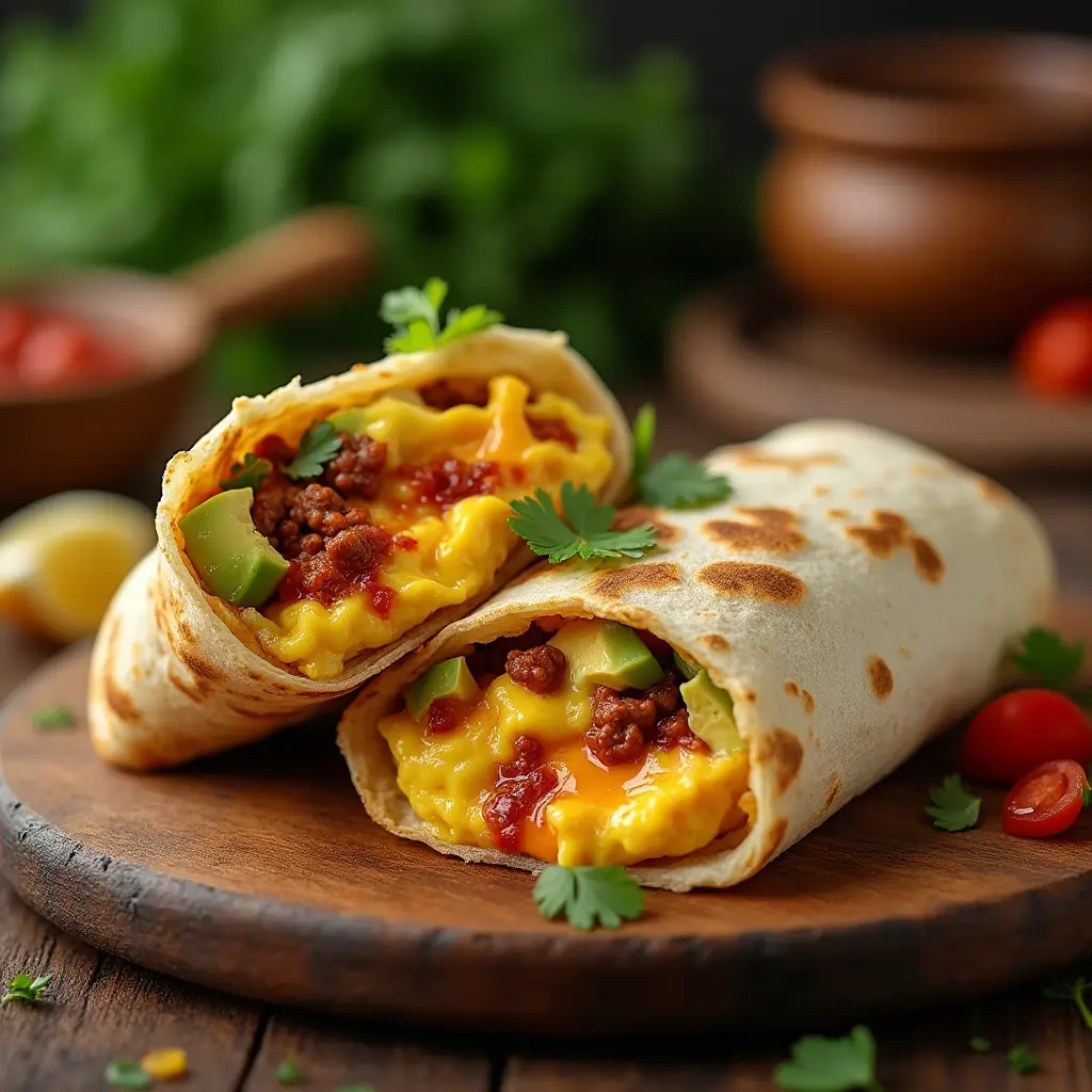 A freshly made chorizo breakfast burrito cut in half, showing chorizo, eggs, cheese, and avocado, served with salsa on a rustic wooden table.