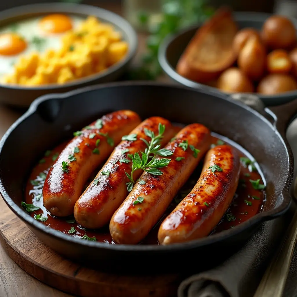 Freshly cooked beef pan sausage served in a cast-iron skillet with herbs