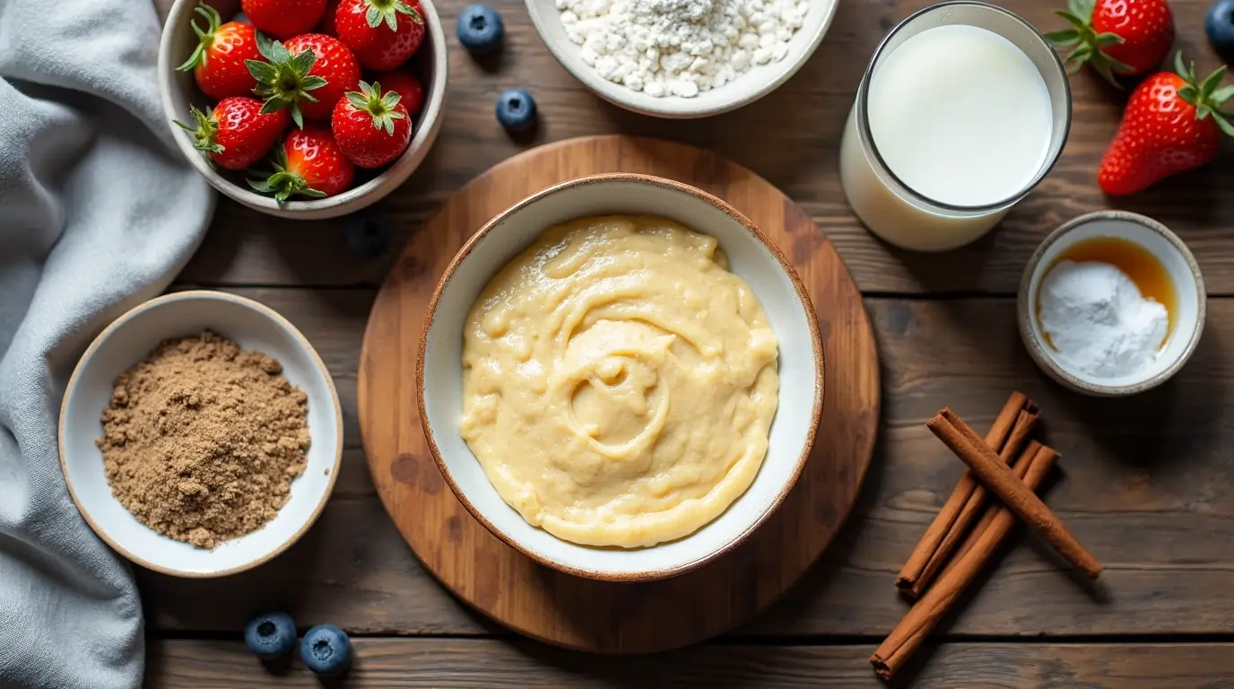 A neatly arranged display of ingredients for making sourdough discard pancakes without eggs, including sourdough discard, flour, baking powder, plant-based milk, and maple syrup, placed on a rustic wooden table.