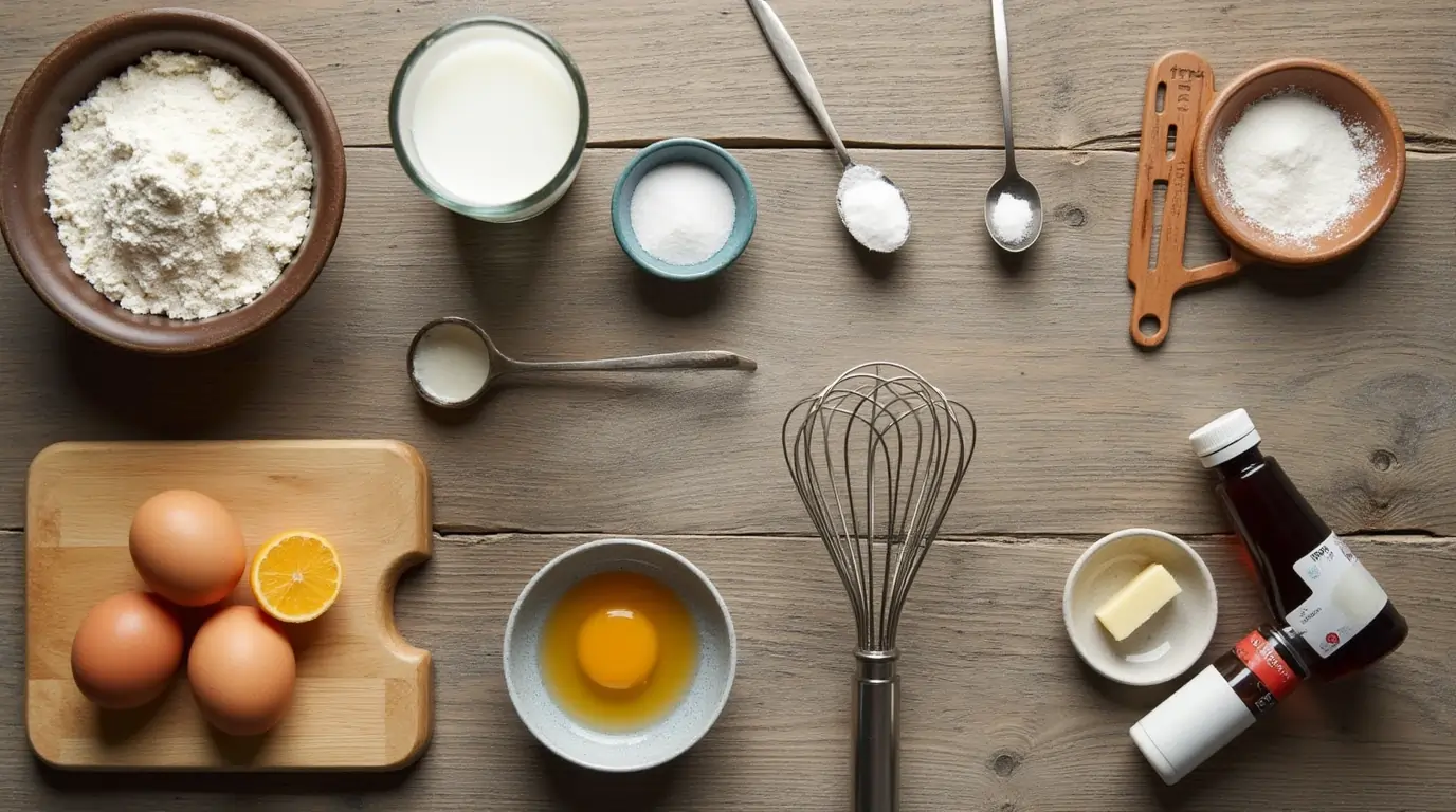 A flat-lay display of ingredients for a mini pancakes recipe, including flour, milk, eggs, sugar, baking powder, butter, and vanilla extract on a wooden table.