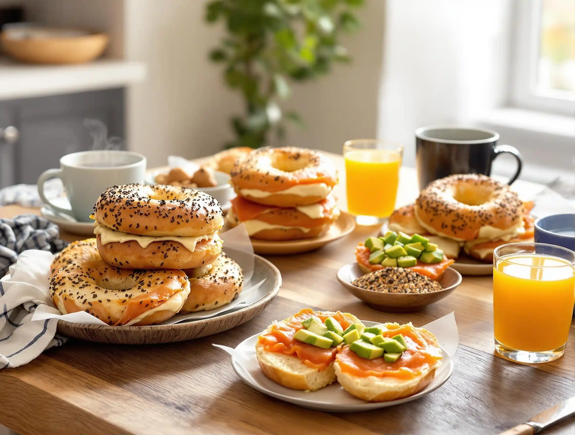 A family breakfast table filled with freshly baked everything bagels, cream cheese, smoked salmon, avocado, and coffee on a rustic wooden surface.