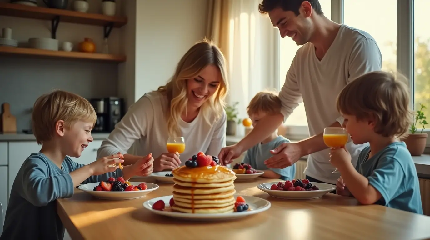 A happy family enjoying a stack of sourdough discard pancakes without eggs in a bright, modern kitchen during a cozy morning breakfast.