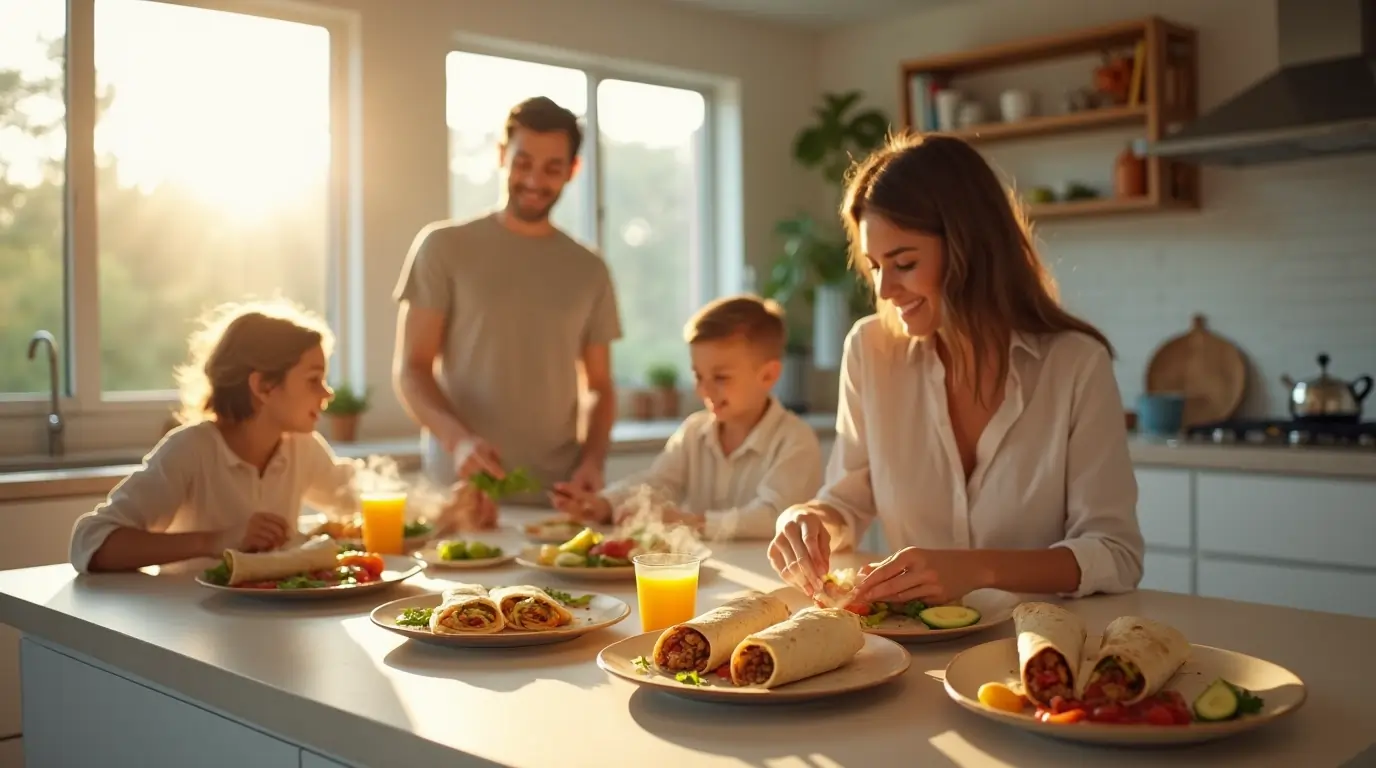 A family gathered in a modern kitchen with soft morning lighting, enjoying fresh chorizo breakfast burritos with salsa, avocado, and orange juice.