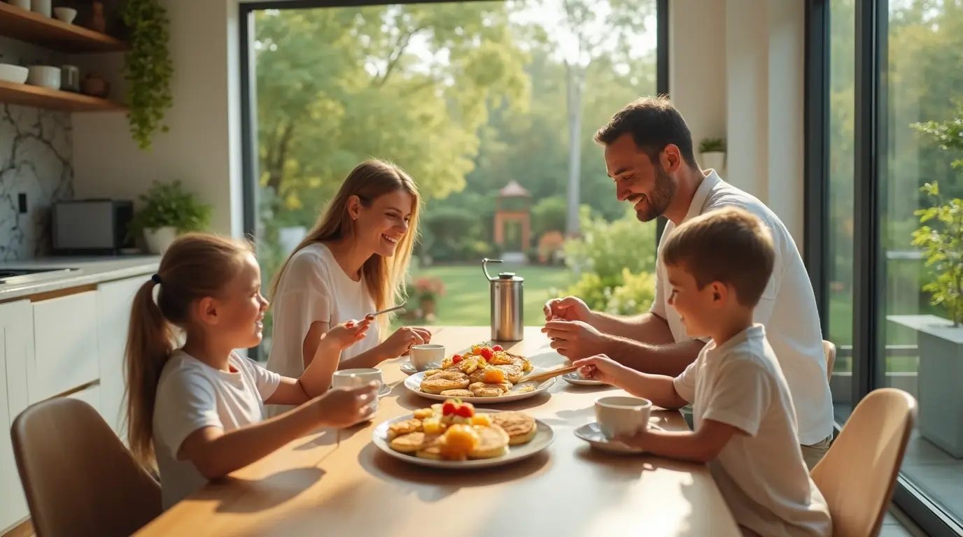 A happy family enjoying a mini pancakes recipe at a wooden dining table in a modern kitchen with large windows and a beautiful garden view.