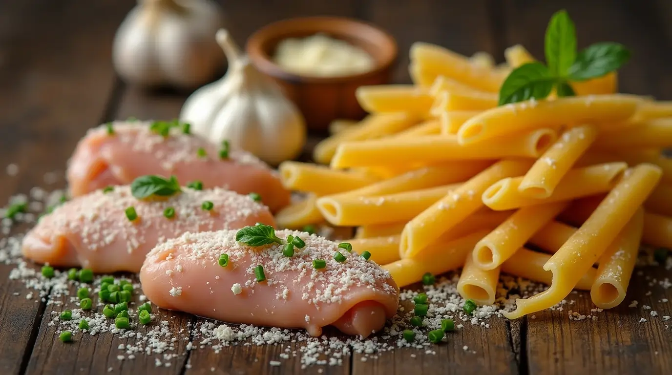 A selection of fresh ingredients for the Buffalo Wild Wings Garlic Parmesan chicken pasta recipe, including chicken, garlic, Parmesan cheese, pasta, and cream.