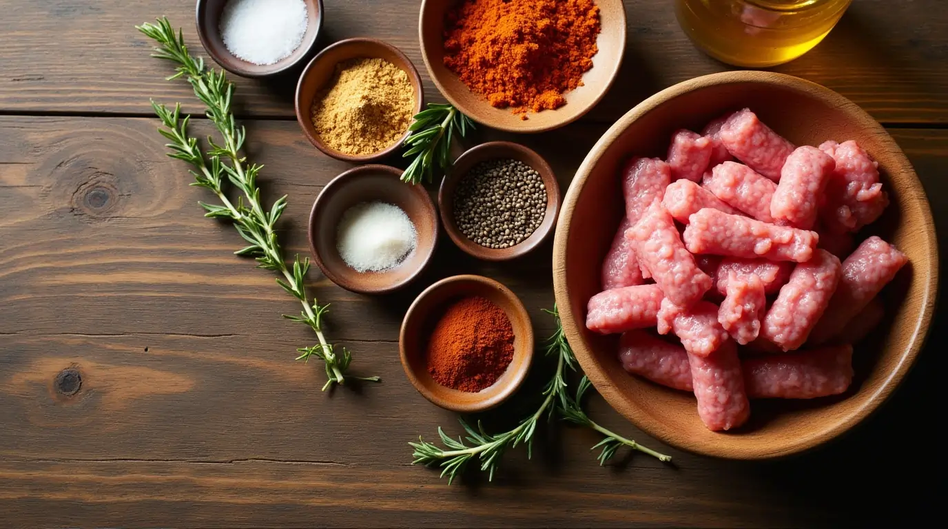 A rustic top-down view of fresh ground beef, spices, and seasonings for homemade beef breakfast sausage on a wooden countertop.