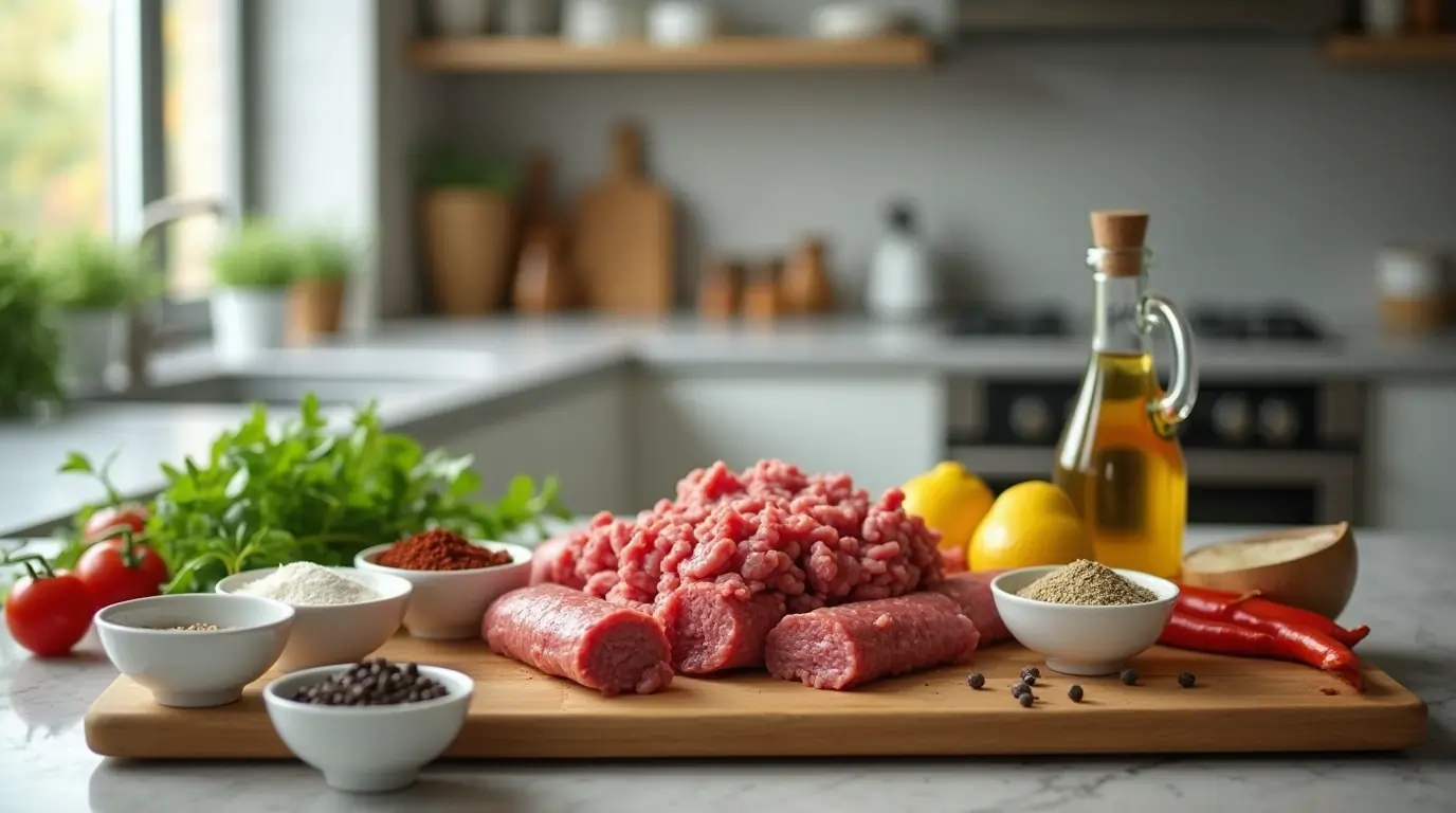 Ground beef and spices arranged on a cutting board for making beef pan sausage in a modern kitchen