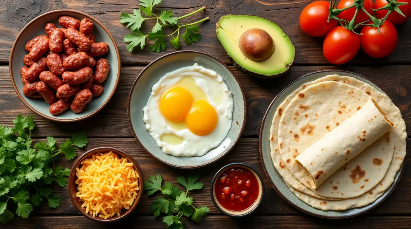 A top-down view of fresh ingredients for a chorizo breakfast burrito, including chorizo, eggs, tortillas, cheese, avocado, tomatoes, cilantro, and salsa on a wooden table.