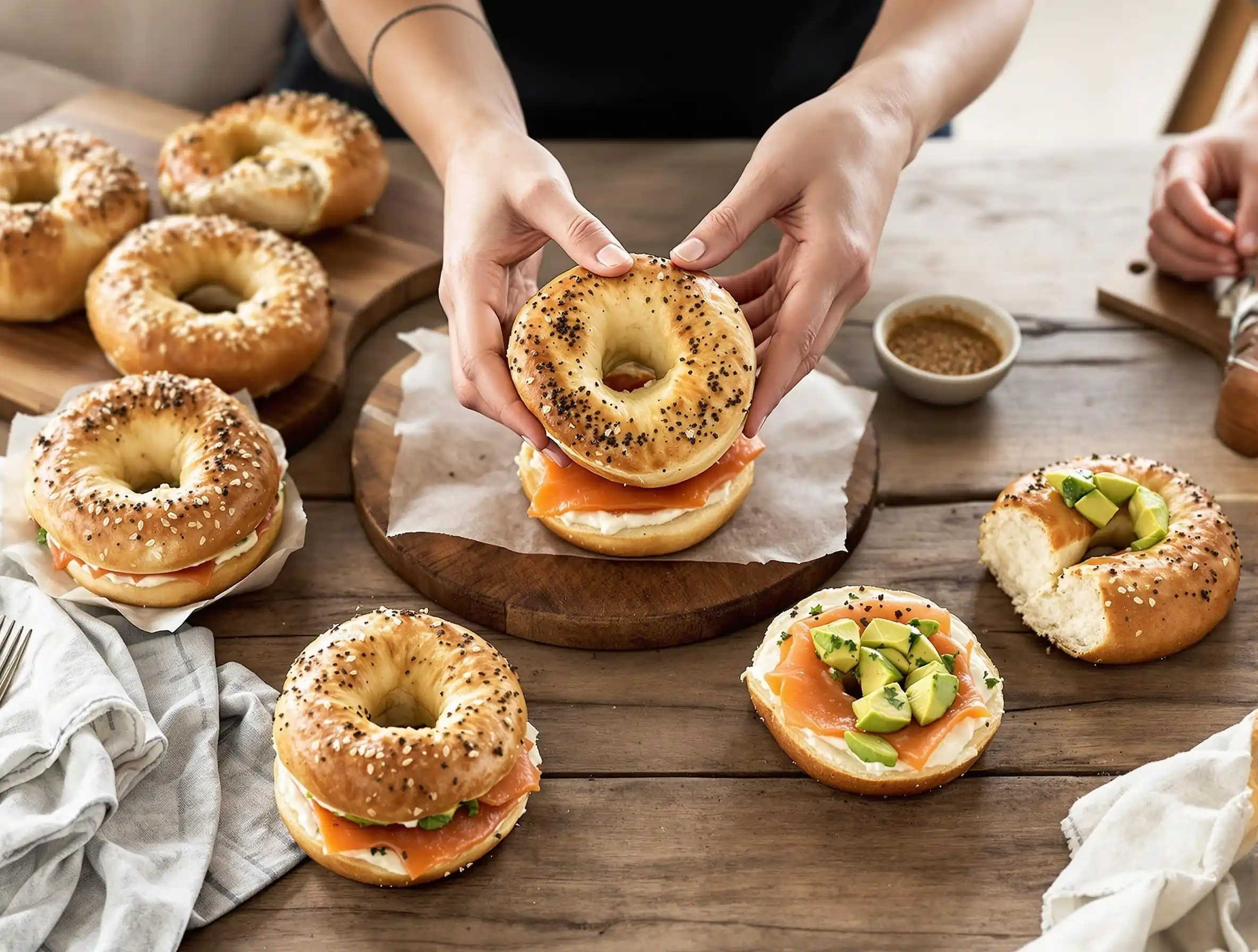 A family-style breakfast table with golden everything bagels, cream cheese, smoked salmon, avocado, and a small dish of bagel seasoning.