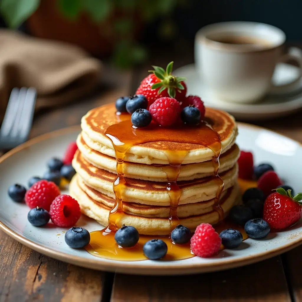 A stack of golden-brown sourdough discard pancakes no eggs, drizzled with maple syrup and topped with fresh berries, served on a rustic wooden table for an inviting breakfast scene.