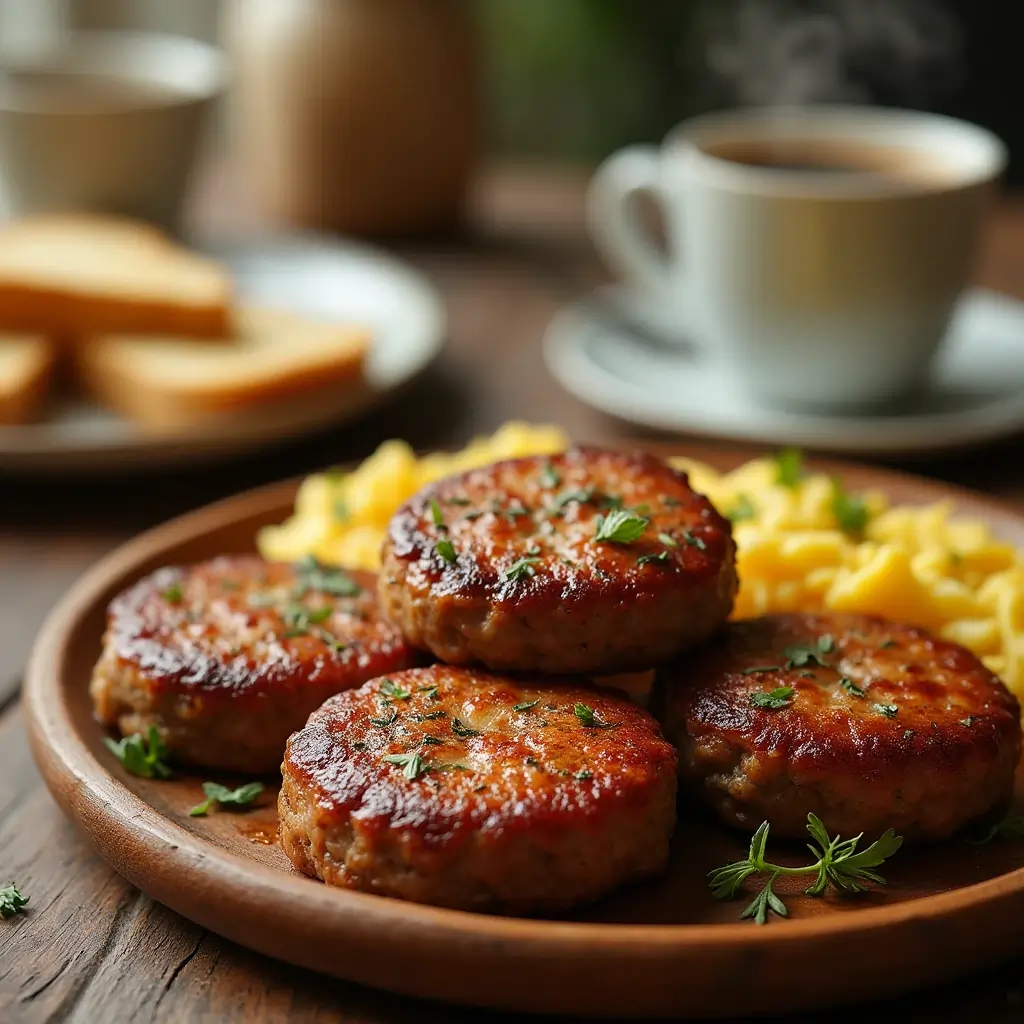 Close-up of homemade beef breakfast sausage patties on a wooden plate, served with scrambled eggs and toast.