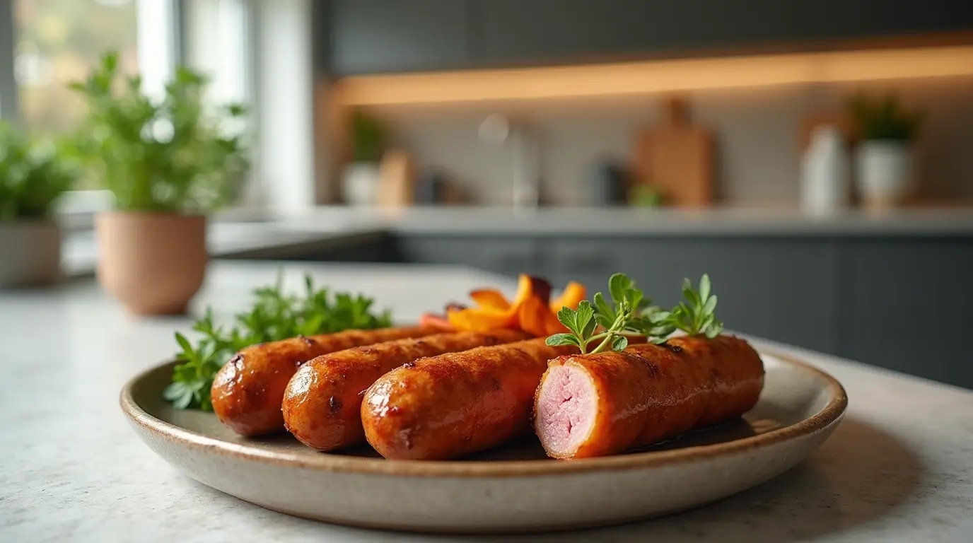 Beef pan sausage served on a plate with herbs in a modern kitchen setting