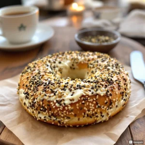 A freshly baked everything bagel topped with sesame seeds, poppy seeds, dried garlic, and onion flakes, sliced open with a cream cheese spread.