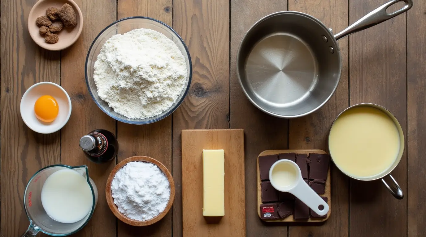 A collection of ingredients including flour, sugar, eggs, milk, butter, vanilla extract, custard, and chocolate for making Boston Creme Cupcakes.