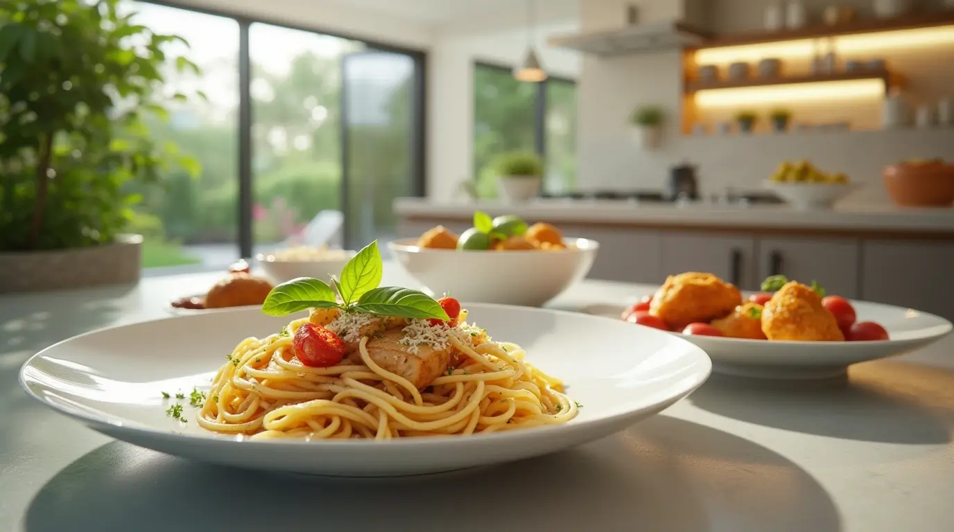 A modern kitchen with abundant natural light and a garden view, featuring the Buffalo Wild Wings Garlic Parmesan chicken pasta recipe on a stylish plate.