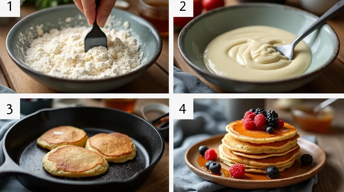 A visual guide showing the process of making sourdough discard pancakes without eggs, from mixing the batter to flipping golden-brown pancakes on a hot skillet.