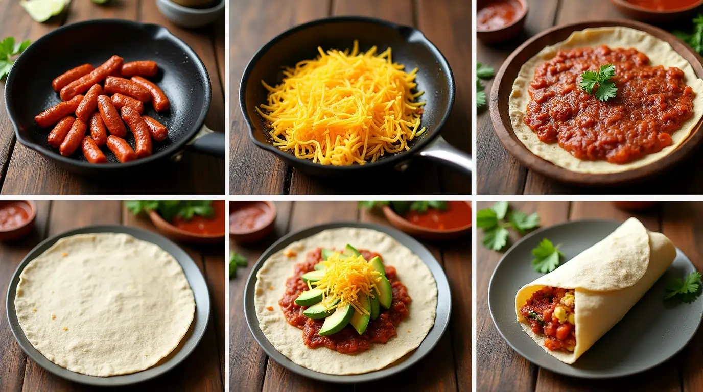 A step-by-step visual guide to making a chorizo breakfast burrito, from cooking chorizo and eggs to assembling, rolling, and serving the burrito.