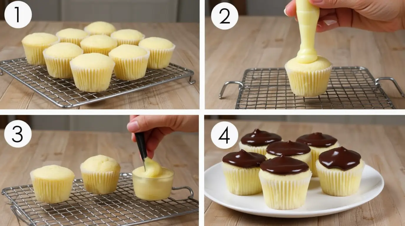 A collage of the Boston Creme Cupcakes baking process, including baking vanilla cupcakes, filling them with custard, and topping with chocolate ganache.