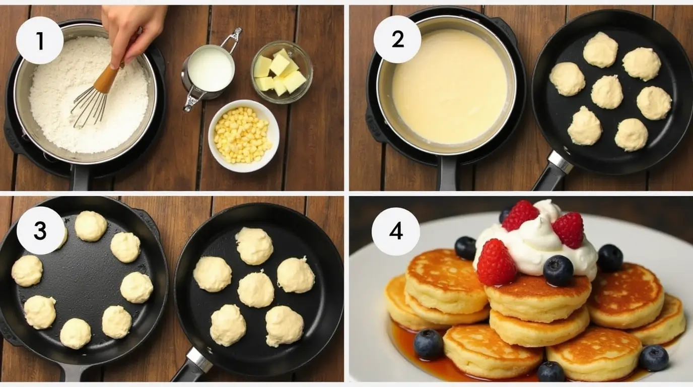 A step-by-step collage showing how to make a mini pancakes recipe, from mixing ingredients to cooking golden, fluffy pancakes on a pan.