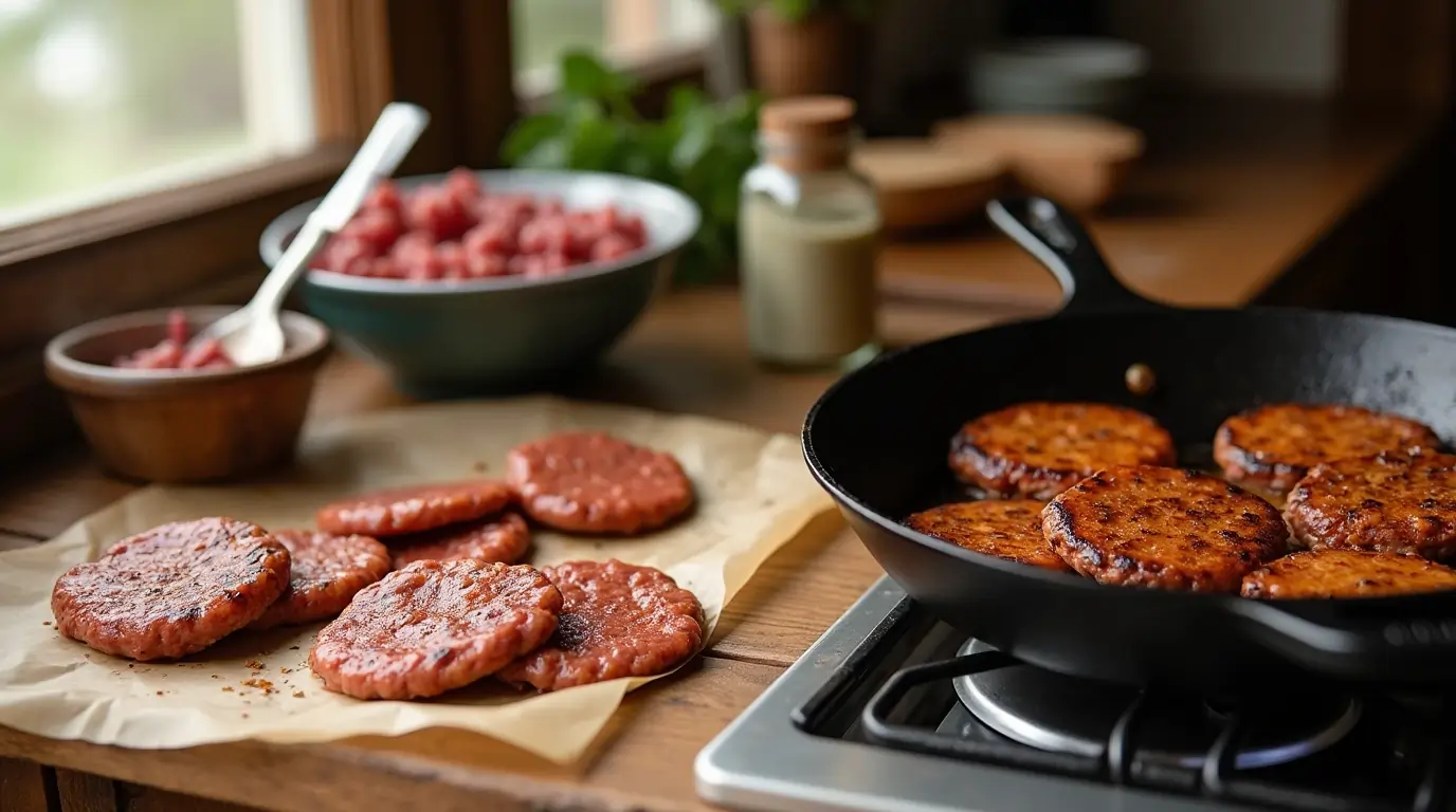 A rustic kitchen scene with hands mixing seasoned ground beef and forming sausage patties, with a cast-iron skillet cooking patties in the background.