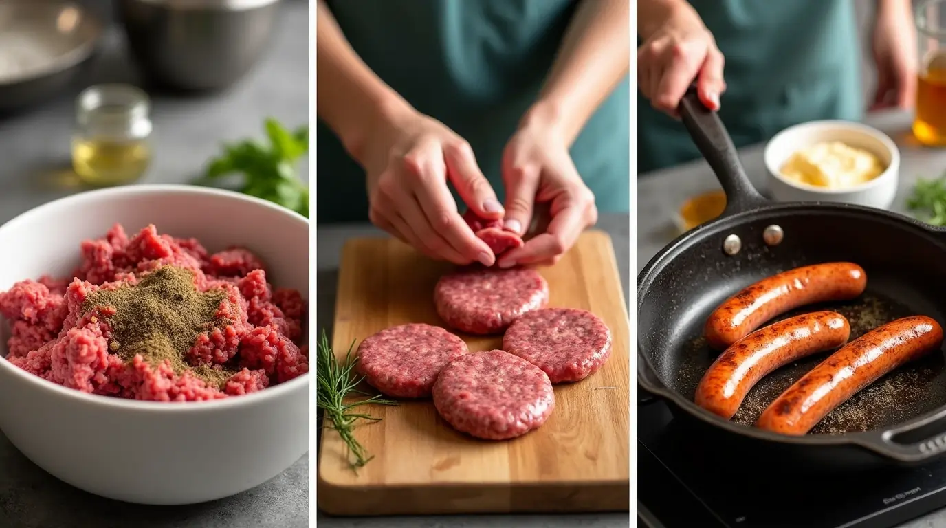 Mixing, shaping, and cooking beef pan sausage in a modern kitchen with soft lighting