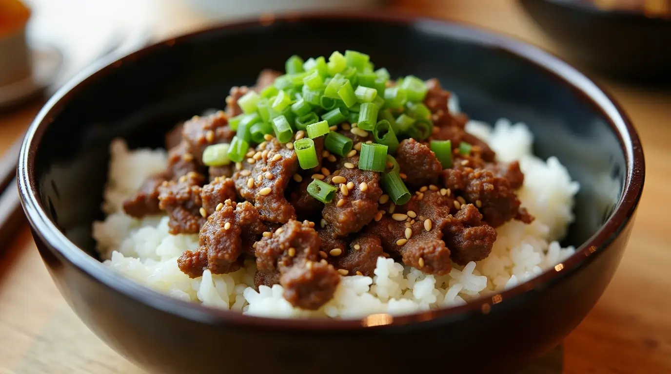 A bowl of Korean-style ground beef with steamed rice, topped with sesame seeds and green onions.