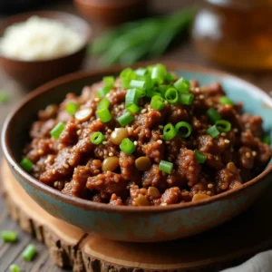 A mouthwatering 3-ingredient ground beef crock pot recipe served in a rustic bowl, garnished with green onions and sesame seeds, placed on a wooden table with a cozy background.