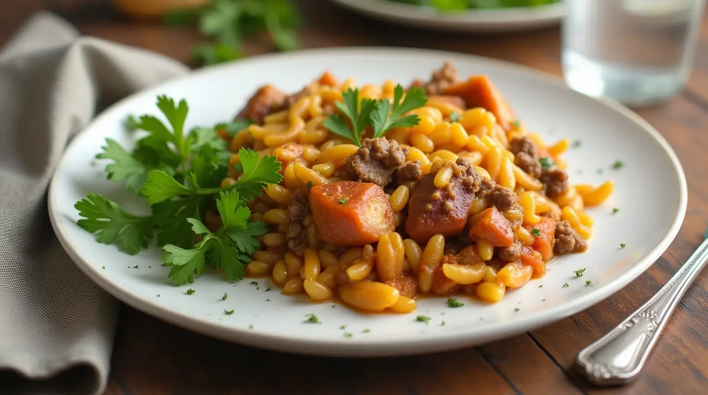 A hearty plate of ground beef and rice casserole served with a side of salad on a wooden table.