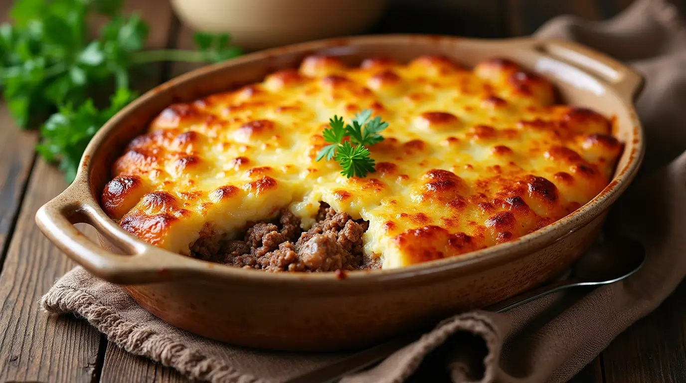 A warm bowl of cheesy ground beef and potato casserole served on a rustic wooden table.