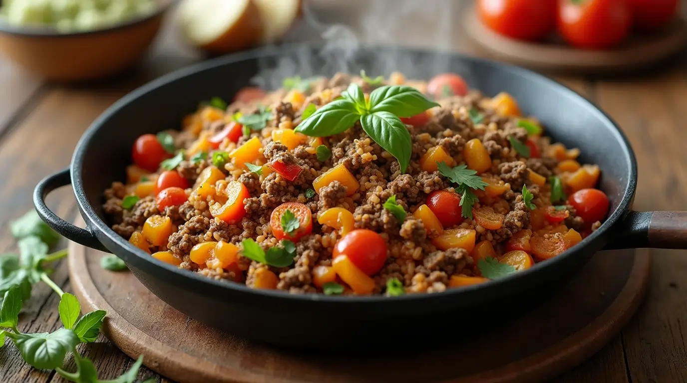 A sizzling skillet of seasoned ground beef mixed with rice and vegetables, garnished with fresh herbs, placed on a rustic wooden table.