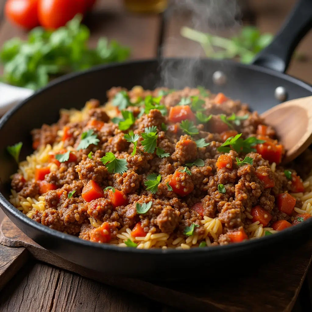 A hearty skillet filled with ground beef, rice, and vegetables, served in a rustic wooden bowl.