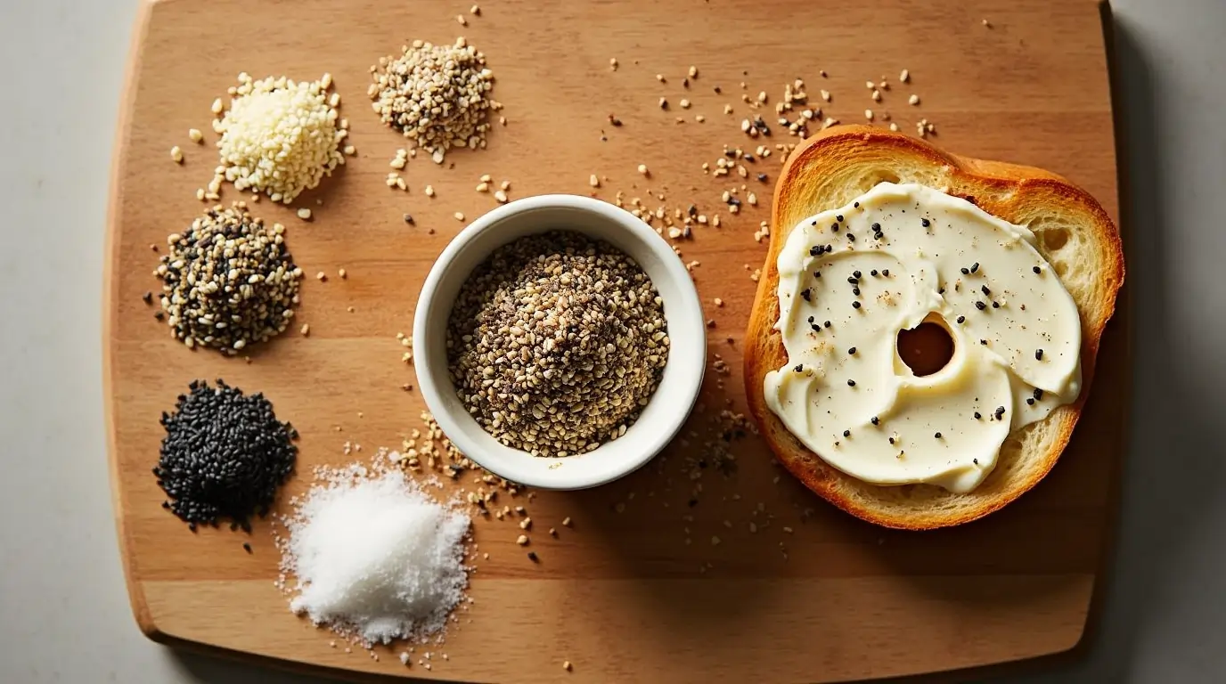 A bowl of homemade Everything Bagel Seasoning on a wooden board, surrounded by its key ingredients and a toasted bagel with cream cheese.