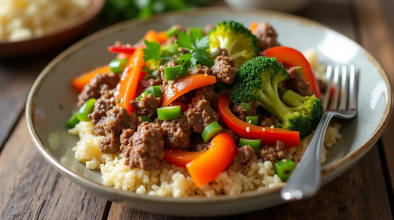 A nutritious ground beef stir-fry with colorful vegetables served over a bed of cauliflower rice.