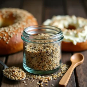 A glass jar filled with homemade Everything Bagel Seasoning, surrounded by scattered seasoning mix and a bagel with cream cheese on a wooden table.