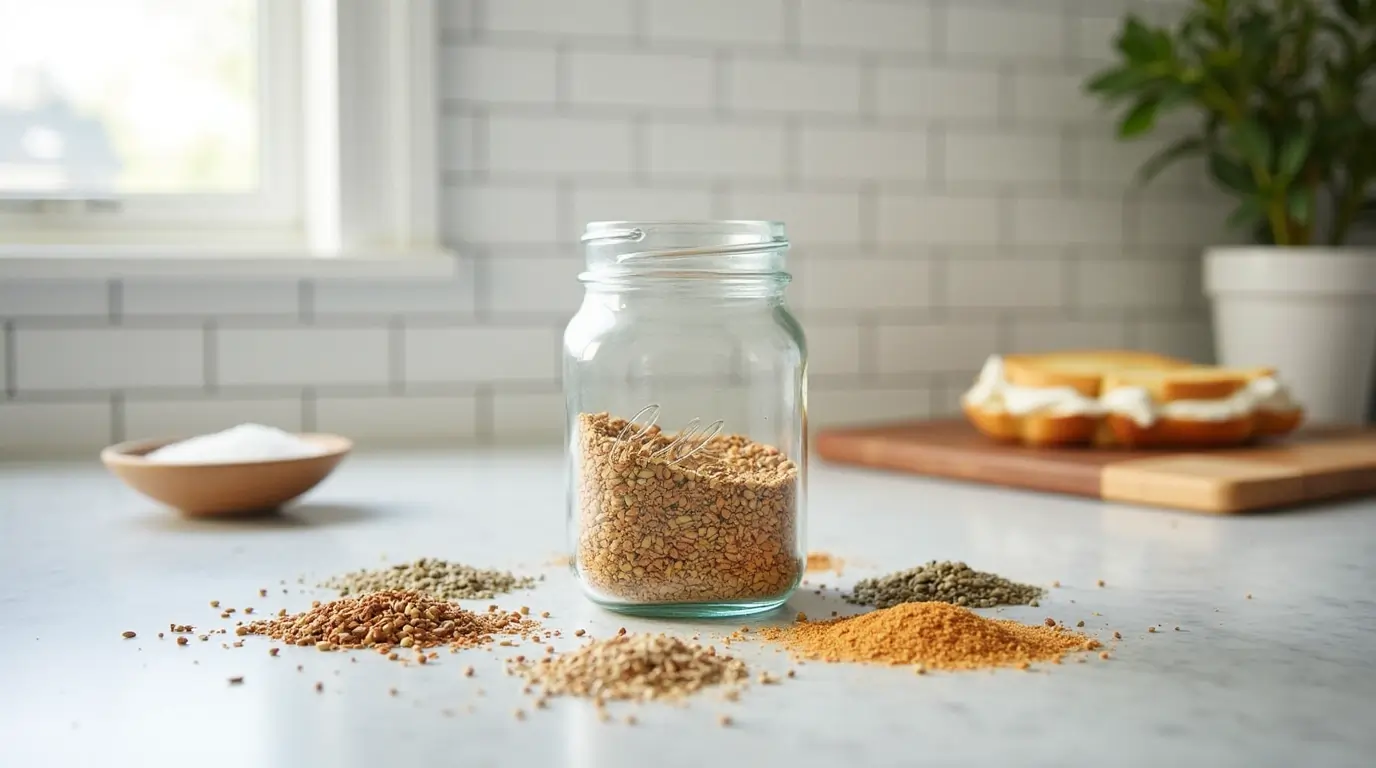 A glass jar of homemade Everything Bagel Seasoning on a modern kitchen countertop with soft lighting, a sliced bagel, and scattered seasoning ingredients.