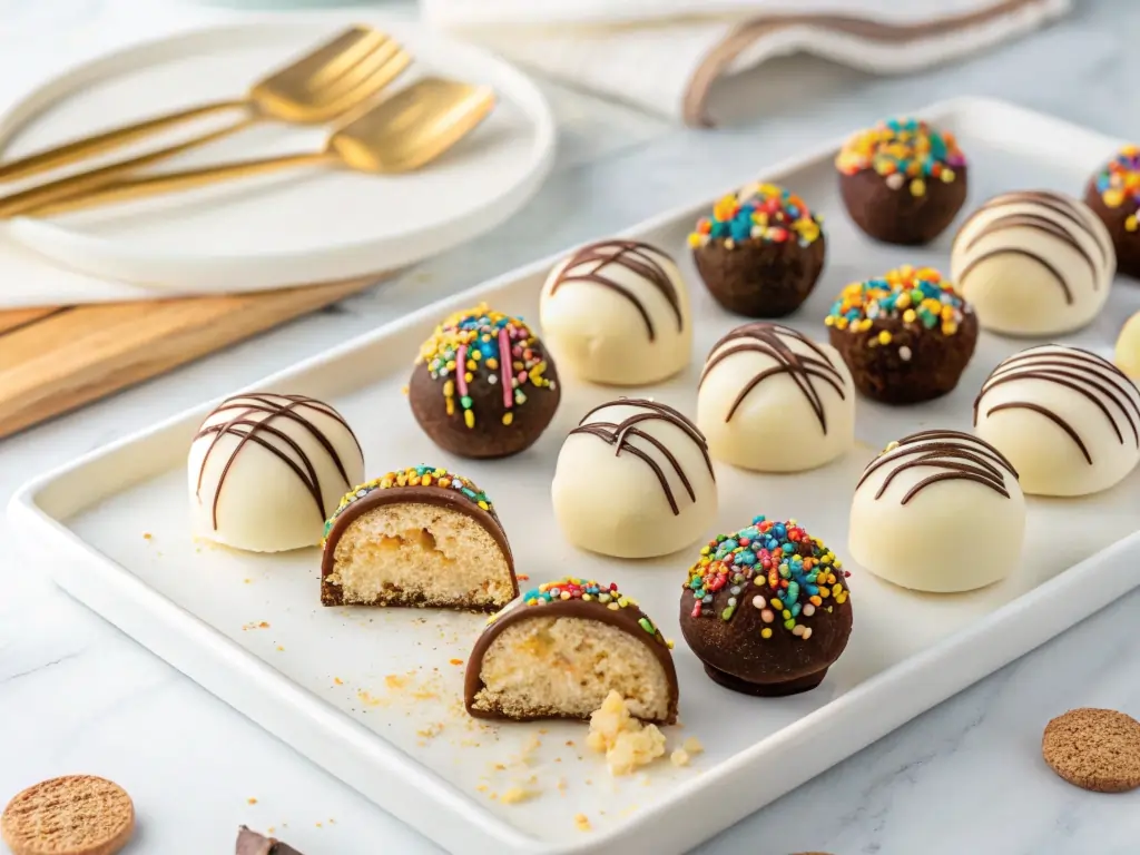 Overhead view of cheesecake balls in a tray, topped with chocolate, graham crackers, and sprinkles