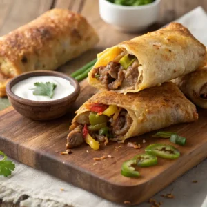 Crispy cheesesteak egg rolls filled with steak, cheese, and veggies