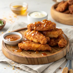 Crispy honey chipotle chicken crispers coated in sticky sweet and spicy glaze served with dipping sauces