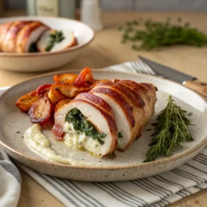 Crispy bacon wrapped stuffed chicken breast sliced open to reveal cheesy filling, plated in a modern kitchen with soft lighting.