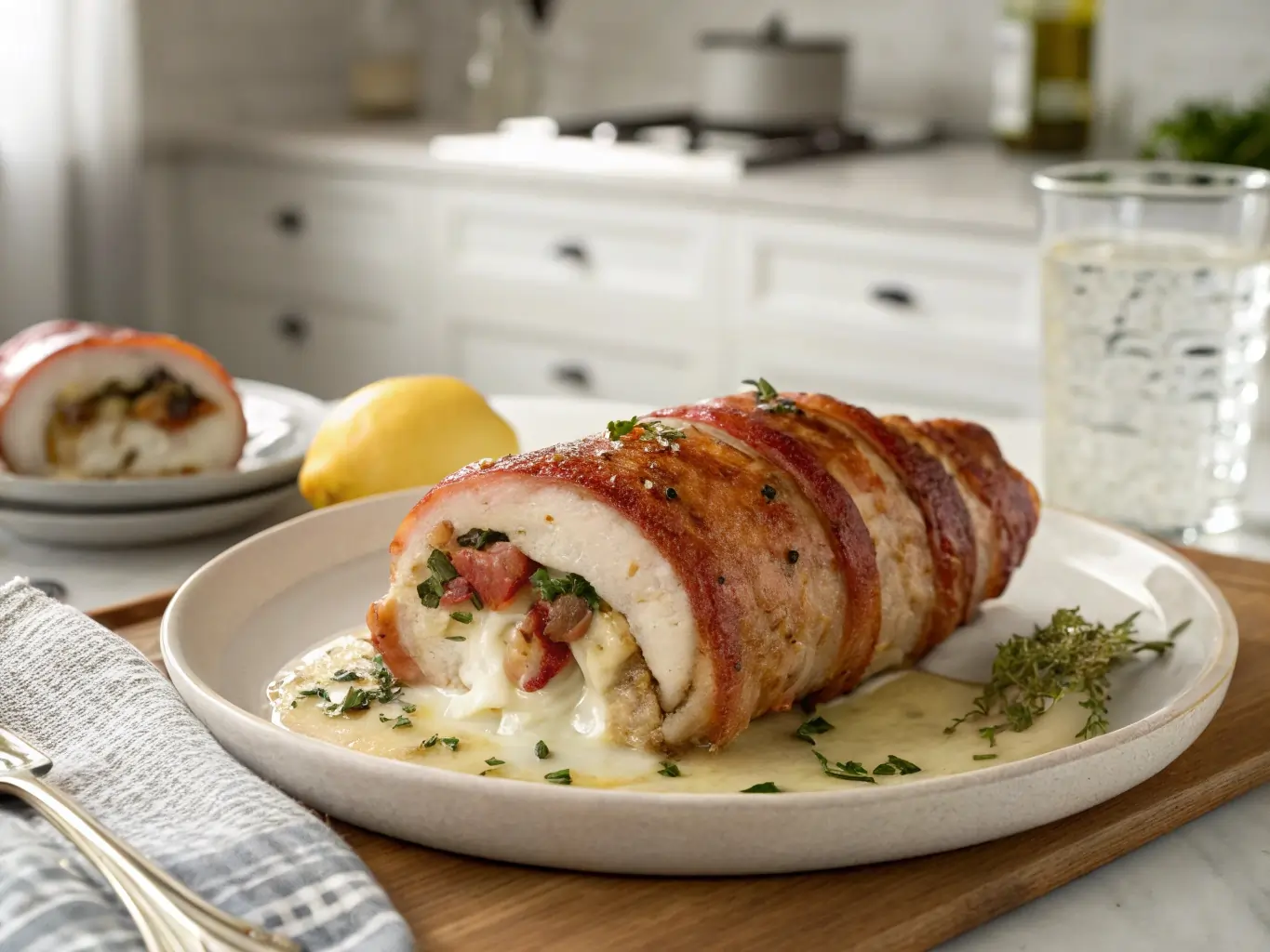 Bacon wrapped stuffed chicken breast on a stoneware plate in a modern kitchen, with melted cheese filling and crispy bacon.